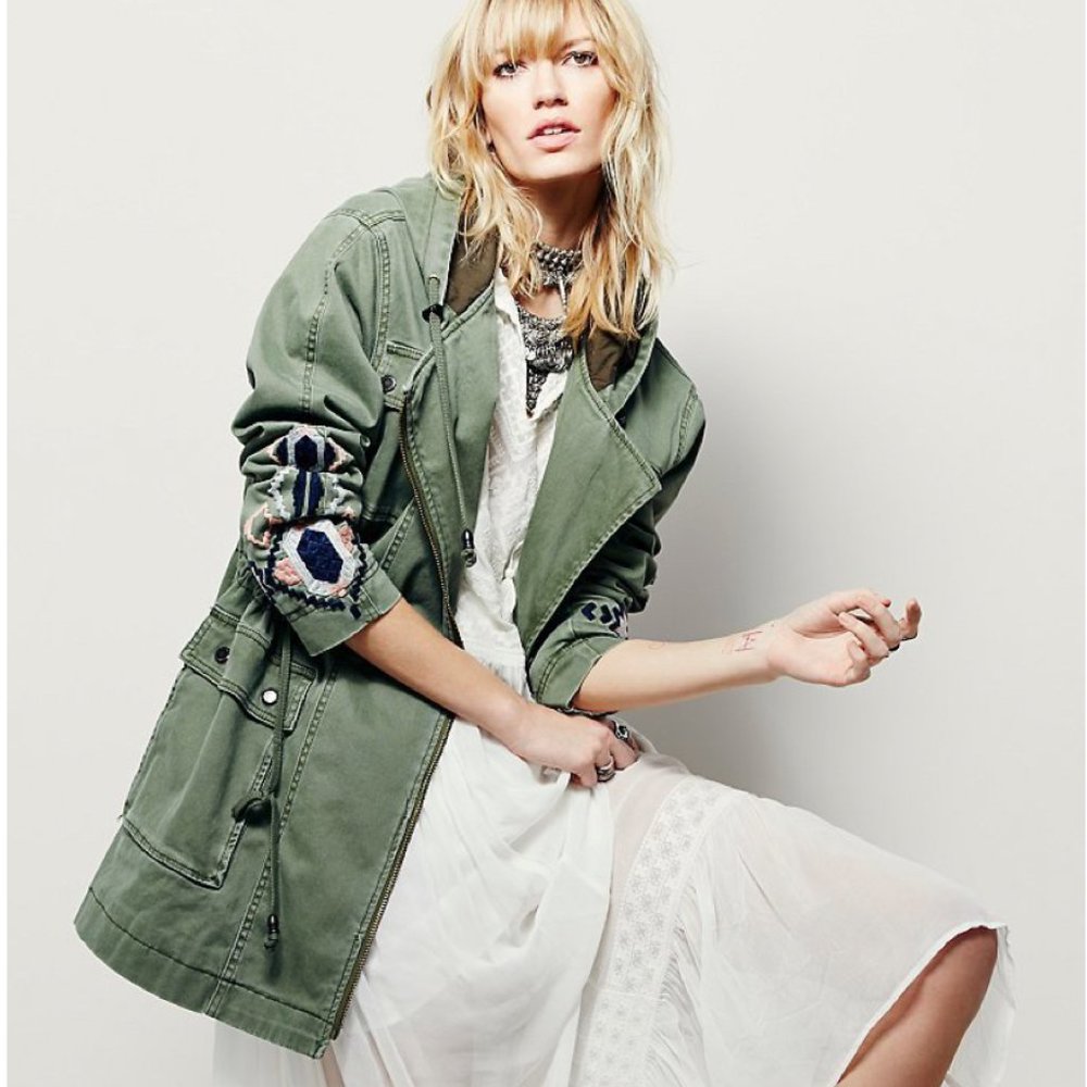 FREE PEOPLE Green Embroidered Twill Parka Hood Jacket